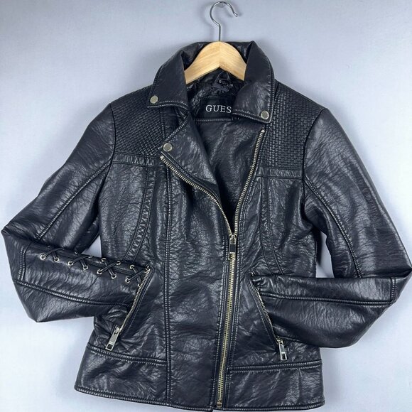 GUESS Leather Moto Biker Jacket Womens Size X Small Lace Up Sleeves Black - Picture 2 of 15